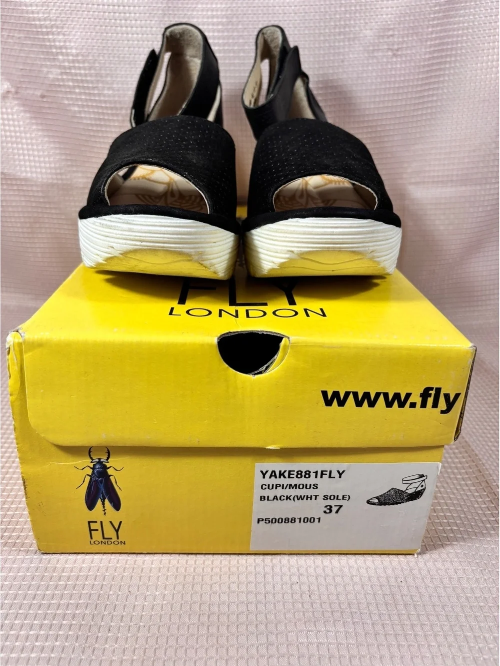 black perforated leather Fly London Yake wedge sandals Size 37 EU 6.5-7 US